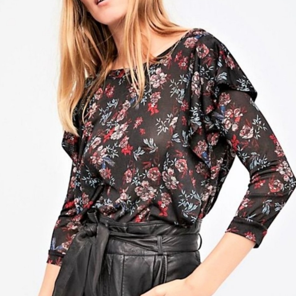 Free People Floral Ruffle Boho Top Blouse Sz XS Keyhole Back